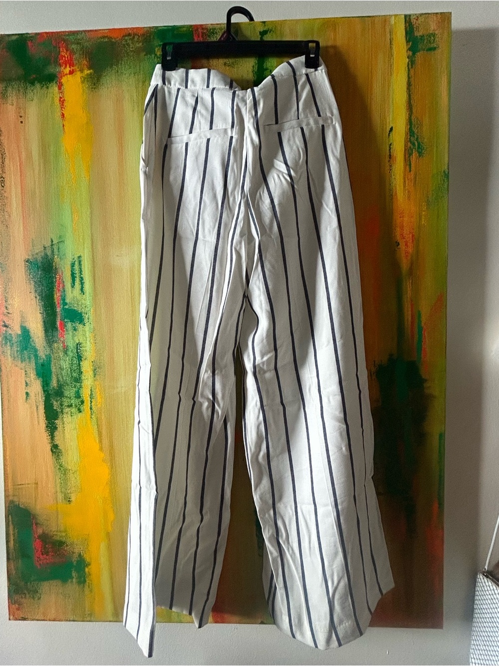 H&M White Wide-Leg Pants with Navy Vertical Stripes